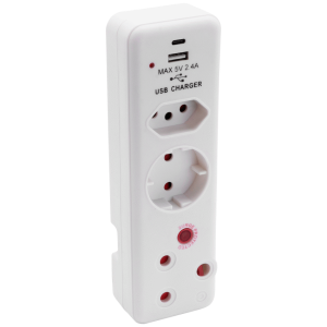 Ellies 3 Way Medium Surge adaptor Schuko,with type C + USB