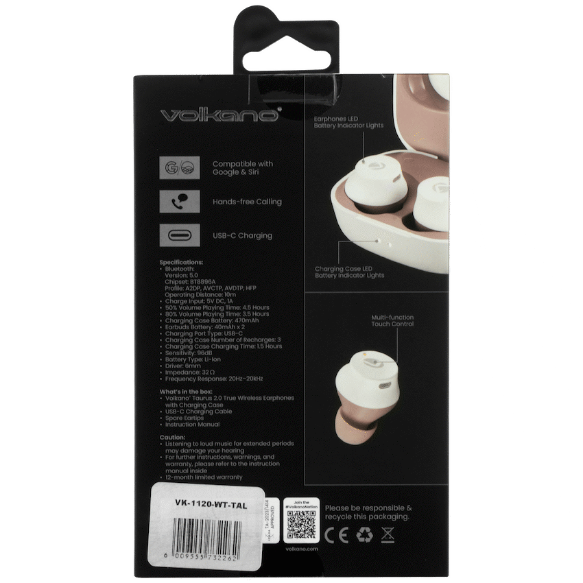 Volkano Taurus Series 2.0 True Wireless Earphones - White - Image 15